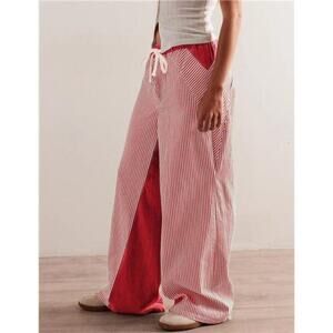 Women Y2k Red Striped Wide Leg Pants Baggy Drawstring Jeans Trendy Low Rise